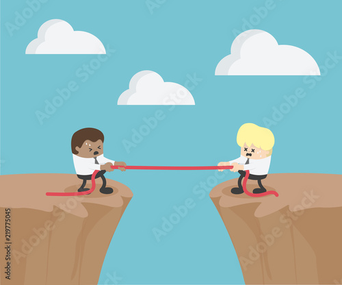 Competition concept. Business people. Businessman in suit pull the rope symbol of rivalry on the cliff