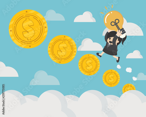 Concept Success requires money and ideas, business Woman Holds Light Bulb go up the stairs coin
