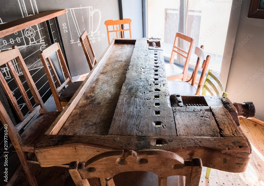 Interior of modern european beer bar pub with old vintage wooden