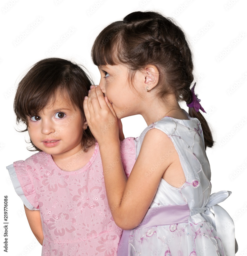 Portrait of Two Little Girlfriends / Sisters Gossiping Portrait of Two Little Girlfriends / Sisters Gossiping
