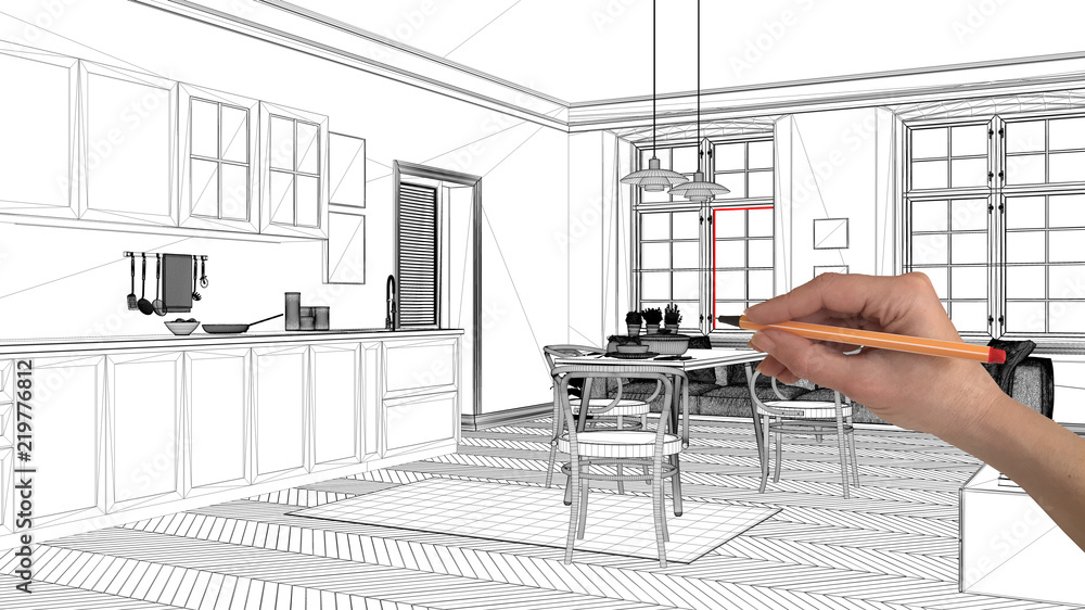 Interior design project concept, hand drawing custom architecture, black and white ink sketch, blueprint showing scandinavian living room with dining table Interior design project concept, hand drawing custom architecture, black and white ink sketch, blueprint showing scandinavian living room with dining table