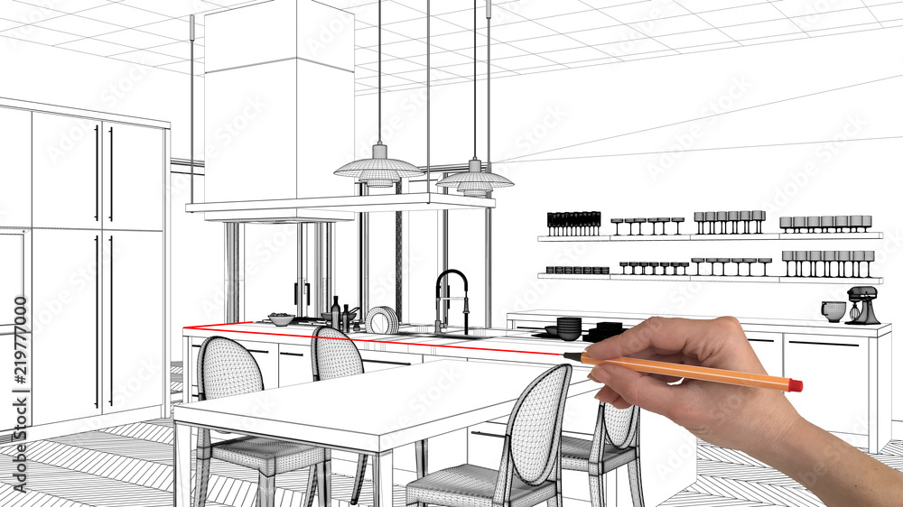 Interior design project concept, hand drawing custom architecture, black  and white ink sketch, blueprint showing modern kitchen with dining table  Stock Photo | Adobe Stock