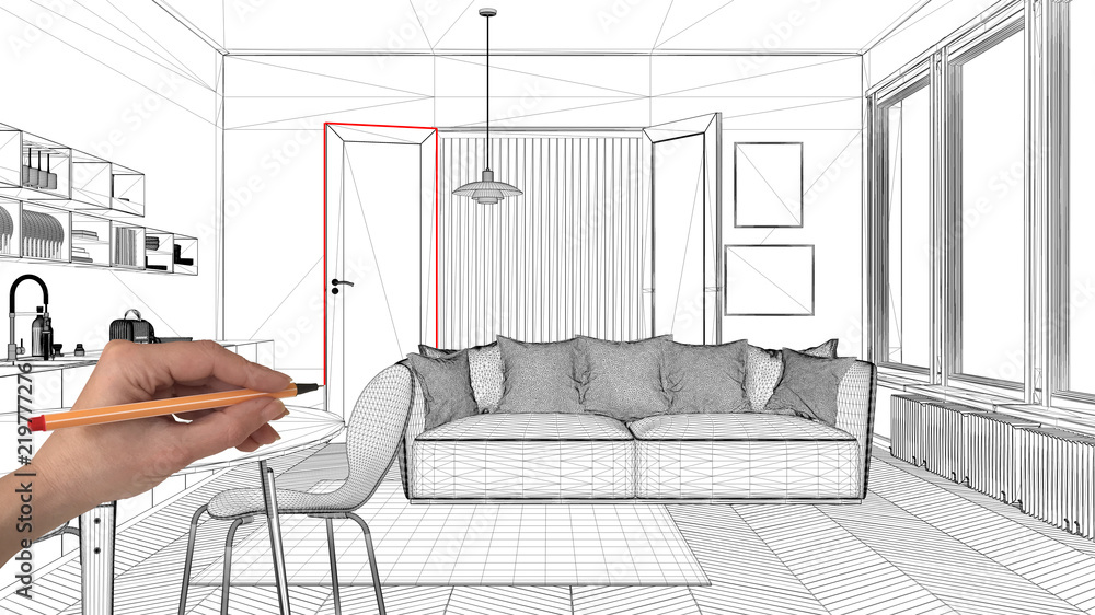 Interior design project concept, hand drawing custom architecture, black and white ink sketch, blueprint showing modern living room with kitchen Interior design project concept, hand drawing custom architecture, black and white ink sketch, blueprint showing modern living room with kitchen