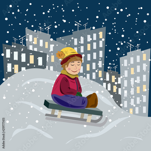 Christmas collection. Winter games on a toboggan from a hill.