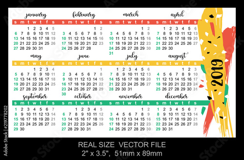 Pocket calendar 2019, start on Sunday, vectorSIZE: 2