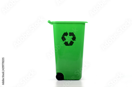 Empty green plastic recycle bin isolated
