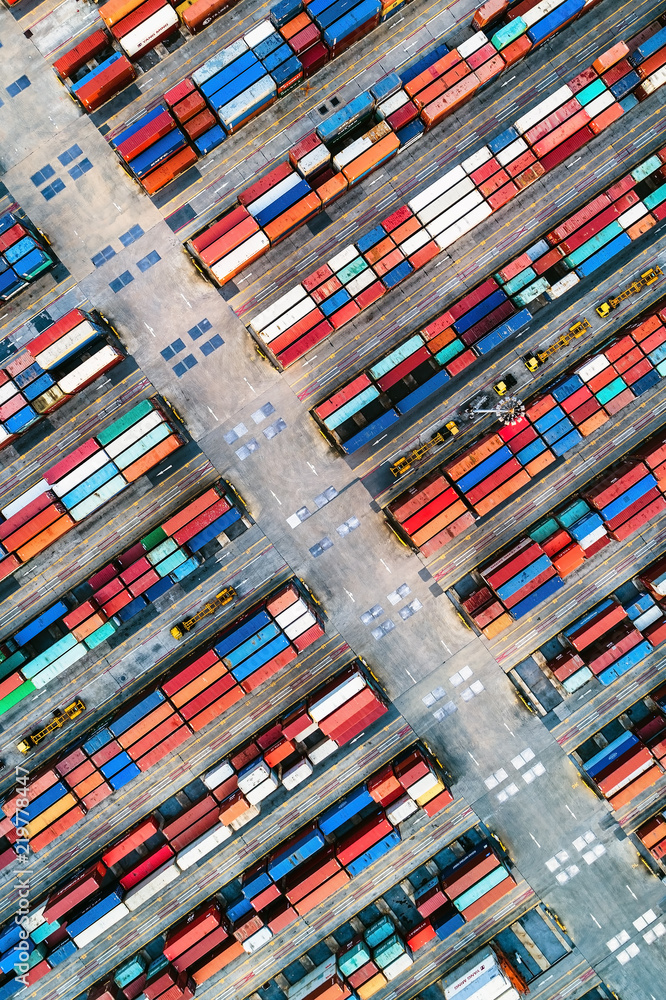 Overhead view of shipping containers at Bangkok Port, Thailand. Stock