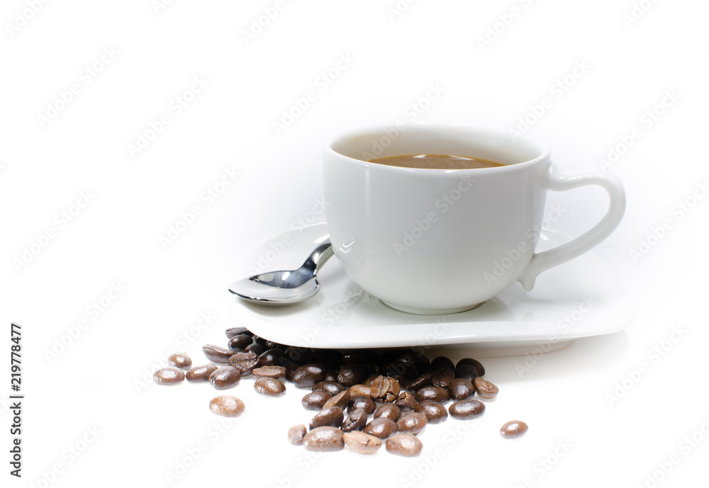Cup of coffee latte and coffee beans on white background