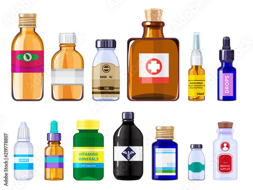 Various medical bottles. Health care concept pictures of drugs bottles with labels. Vector pharmacy medical bottle of colllection illustration