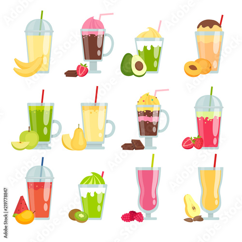 Summer drinks smoothie. Various pictures of fruit juice and smoothie. Vector summer menu fruit cocktail seamless pattern illustration