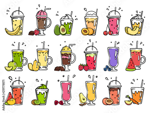 Smoothie hand drawn. Pictures of summer cocktails. Smoothie avocado, plum, banana and chocolate illustration