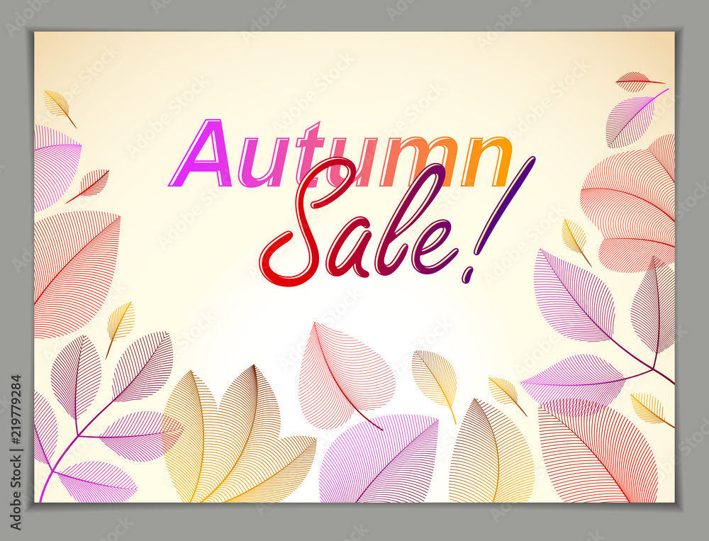 Naklejka premium Autumn horizontal banner design, vector yellow and red leaves floral beautiful background, Autumn Sale, advertising poster, brochure or flyer design. Stylish classy botanical drawing, environment.