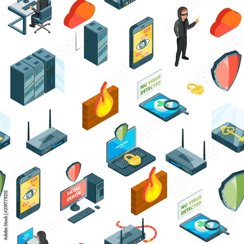 Vector isometric data and computer safety icons pattern or background illustration. 3d security protection, encryption online, database antivirus