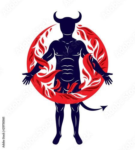 Athletic horned man surroun...