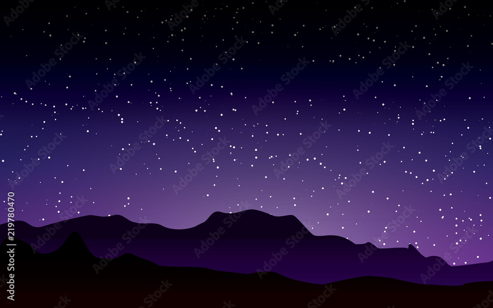 beautiful stary night landscape vector illustration with purple sky ...