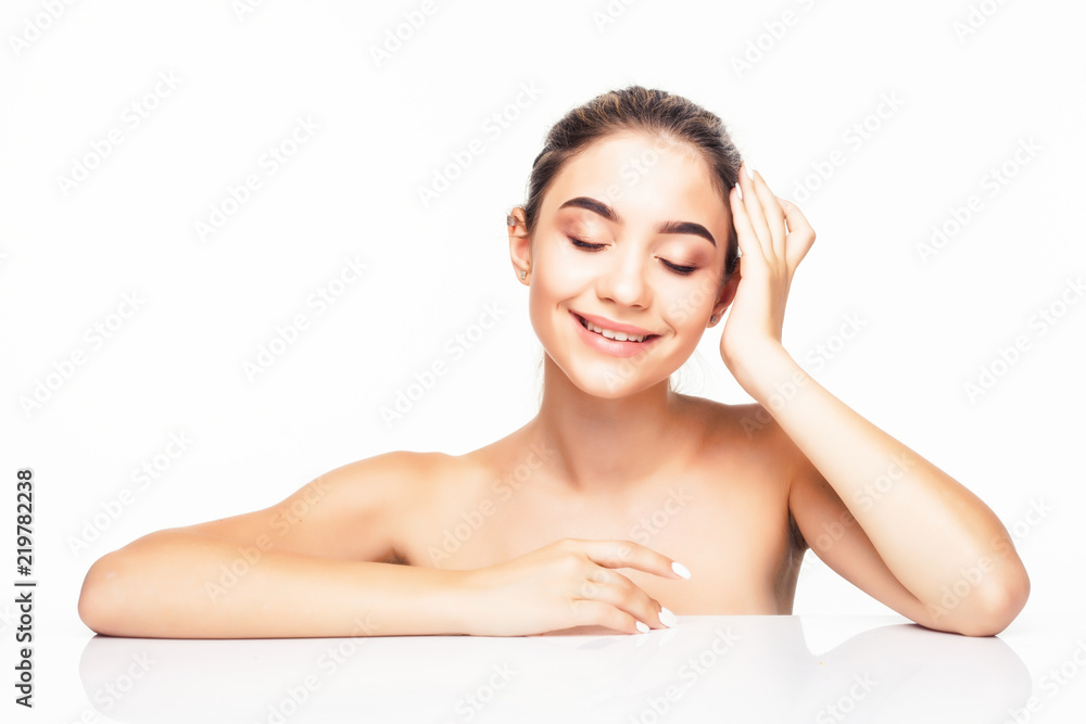 Beautiful Young Woman with Clean Fresh Skin touch own face. Facial treatment. Cosmetology, beauty and spa concept. Beautiful Young Woman with Clean Fresh Skin touch own face. Facial treatment. Cosmetology, beauty and spa concept.