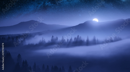 Foggy mountain valley glowing by moonlight © Bashkatov