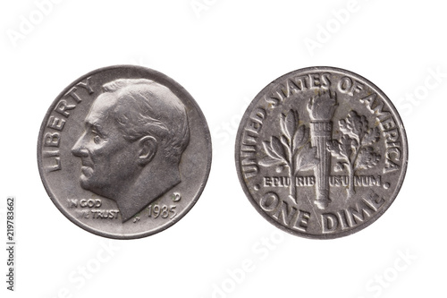 USA dime nickel coin (10 cents) obverse Franklin D Roosevelt reverse olive branch torch oak branch cut out and isolated on a white background photo