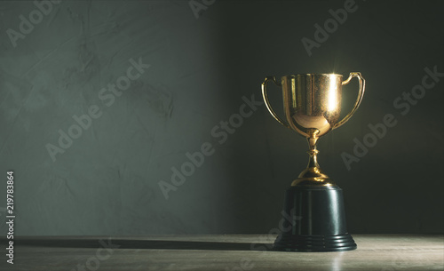 champion golden trophy placed on wooden table