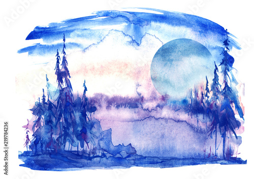 Watercolor landscape, picture. Picture of a pine forest, a blue silhouette of trees and bushes. Blue splash of paint.Abstract splash of paint. Full moon, night landscape, winter forest.
