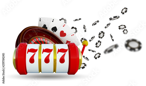 Casino background roulette wheel with playing cards, dice and chips. Online casino poker table concept design. Top view of white dice and chips on blue background. Casino sign. 3d vector illustration.