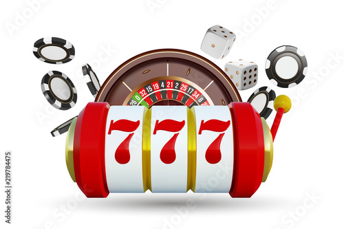 Casino background roulette wheel with playing cards, dice and chips. Online casino poker table concept design. Top view of white dice and chips on blue background. Casino sign. 3d vector illustration.