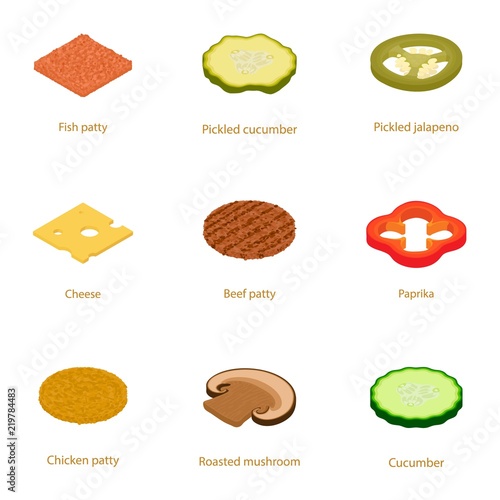 Make a burger icons set. Cartoon set of 9 make a burger vector icons for web isolated on white background