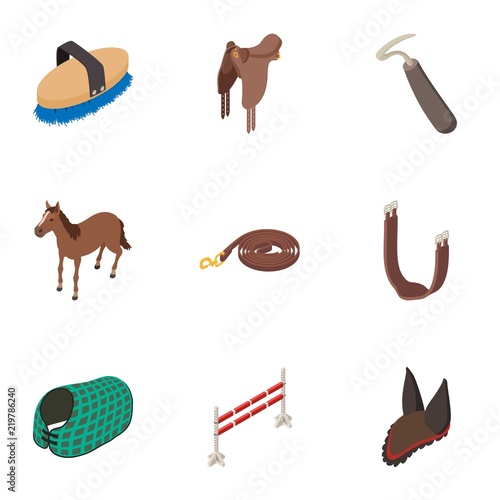 Horse stable icons set. Isometric set of 9 horse stable vector icons for web isolated on white background
