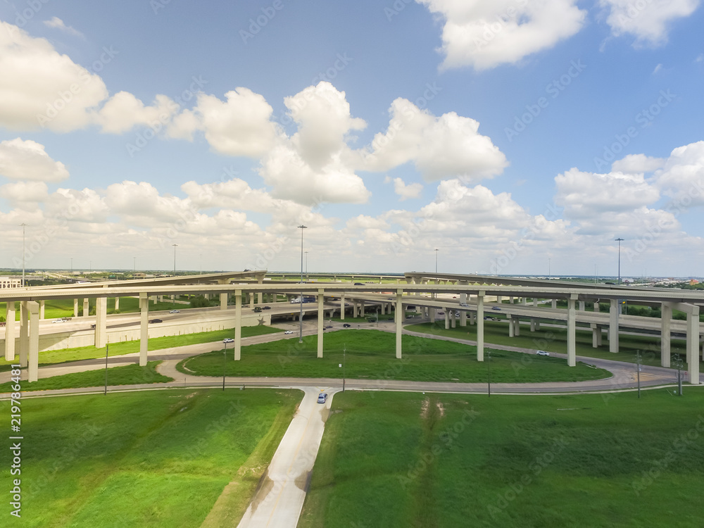 Horizontal aerial view Interstate 10 or Katy freeway massive intersection, stack interchange