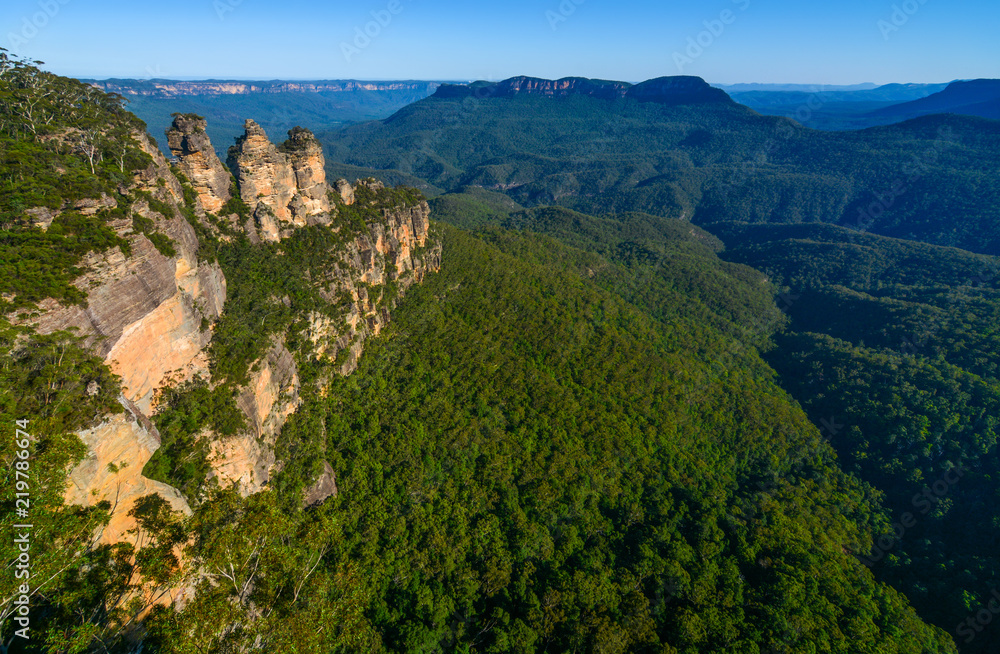 Wide angle view of the Jamison Valley and its famous landmarks in Australia's Blue Mountains