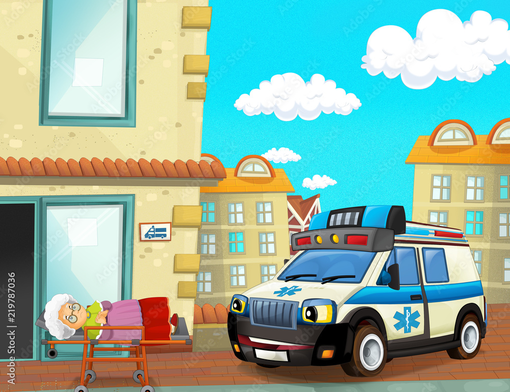 cartoon scene with ambulance and sick patient - illustration for children