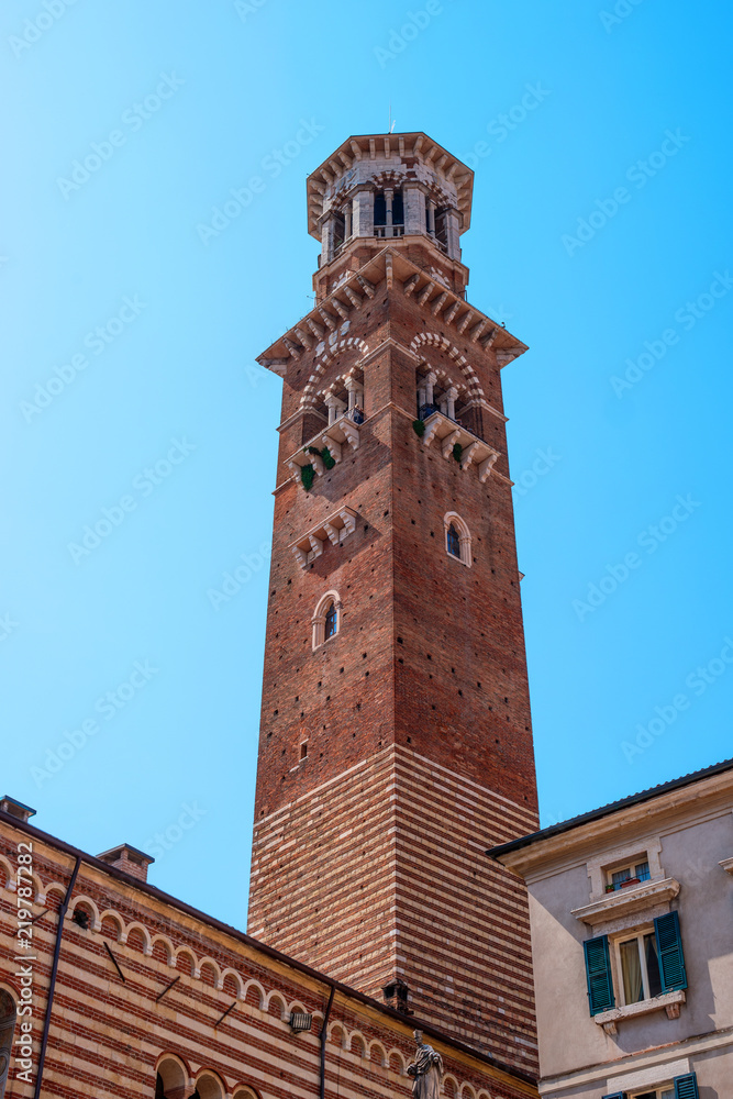 Torre dei Lamberti in Piazza delle Erbe, Verona, Italy. It is also known as the -Bell Tower-, built in the 12th century by the Veronese family of Lamberti