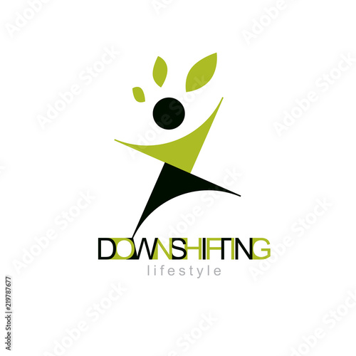 Vector illustration of excited abstract  man with raised reaching up. Downshifting concept logo. Vegetarian theme symbol. Green ecology metaphor.