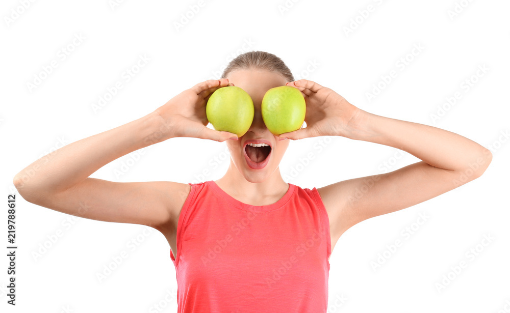 Young woman with apples on white background. Diet food concept Young woman with apples on white background. Diet food concept