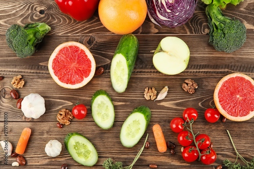 Flat lay composition with diet food on wooden background