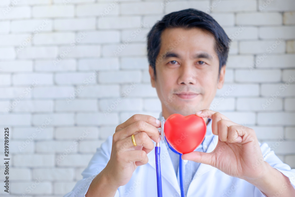 Male Doctor holding red heart rubber model and Checking.Concept Medical safe, Prevent heart attack image. Male Doctor holding red heart rubber model and Checking.Concept Medical safe, Prevent heart attack image.