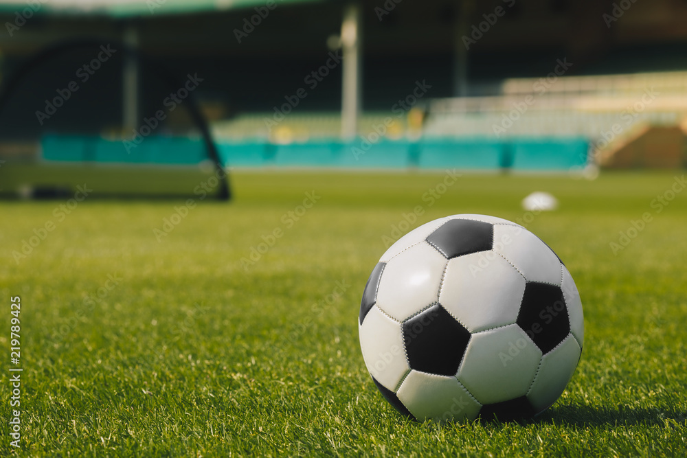 Soccer Ball on Green Grass with Stadium Background. Football Soccer Training Equipment; Football Ball and Goal on a Football Field. Football Pitch on a Sunny Day. Soccer Training Session. Soccer Ball on Green Grass with Stadium Background. Football Soccer Training Equipment; Football Ball and Goal on a Football Field. Football Pitch on a Sunny Day. Soccer Training Session.