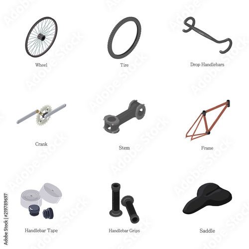 Bike component icons set. Isometric set of 9 bike component vector icons for web isolated on white background