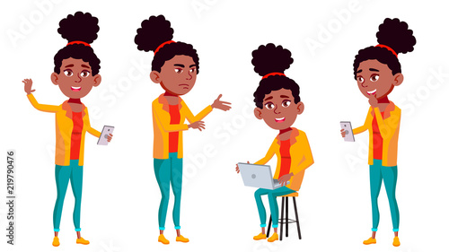Teen Girl Poses Set Vector. Black. Afro American. Active, Expression. For Presentation, Print, Invitation Design. Isolated Cartoon Illustration