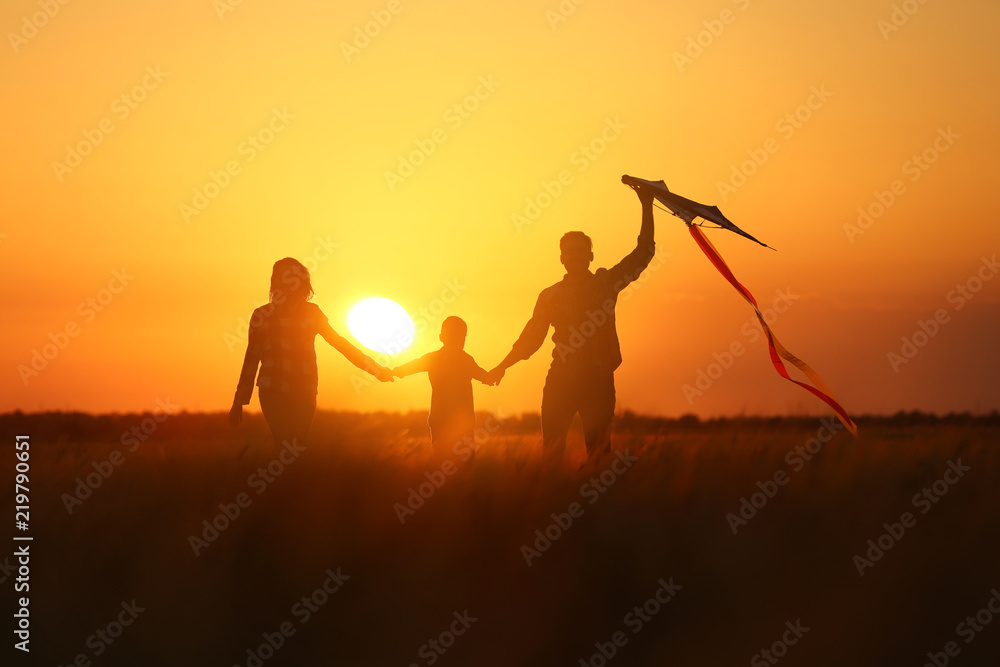 Obraz premium Happy family flying kite in the field at sunset