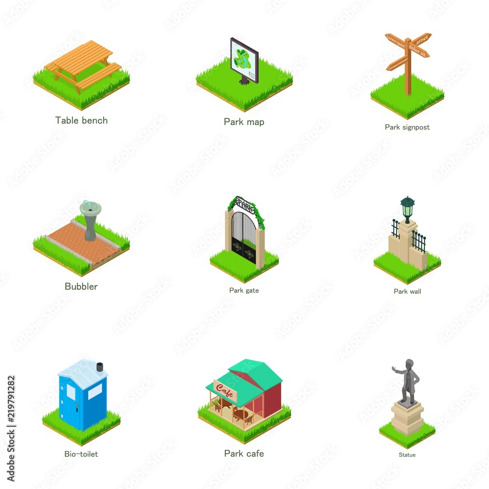 Sights of the town icons set. Isometric set of 9 sights of the town vector icons for web isolated on white background Sights of the town icons set. Isometric set of 9 sights of the town vector icons for web isolated on white background