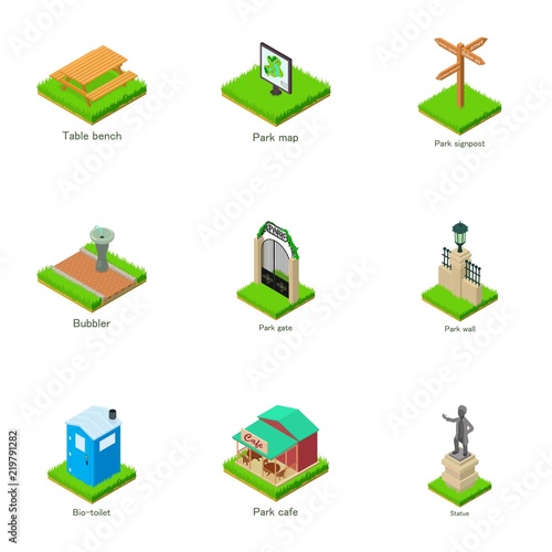 Sights of the town icons set. Isometric set of 9 sights of the town vector icons for web isolated on white background photo