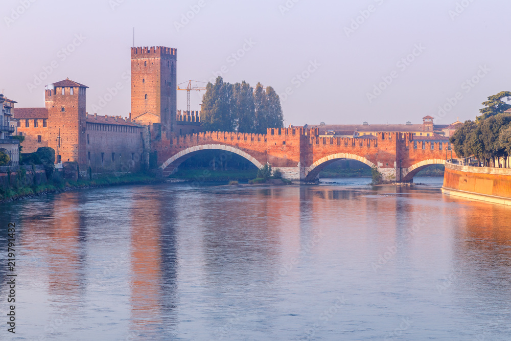 Amazing View on Castelvecchio fortress and bridge on the morning in Verona city