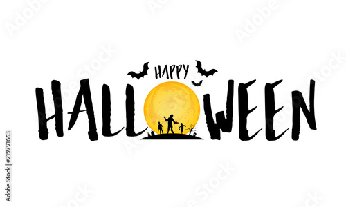 Happy Halloween lettering design. Holiday calligraphy with moon and zombie. Illustration isolated on white background. For poster, banner, greeting card, invitation.