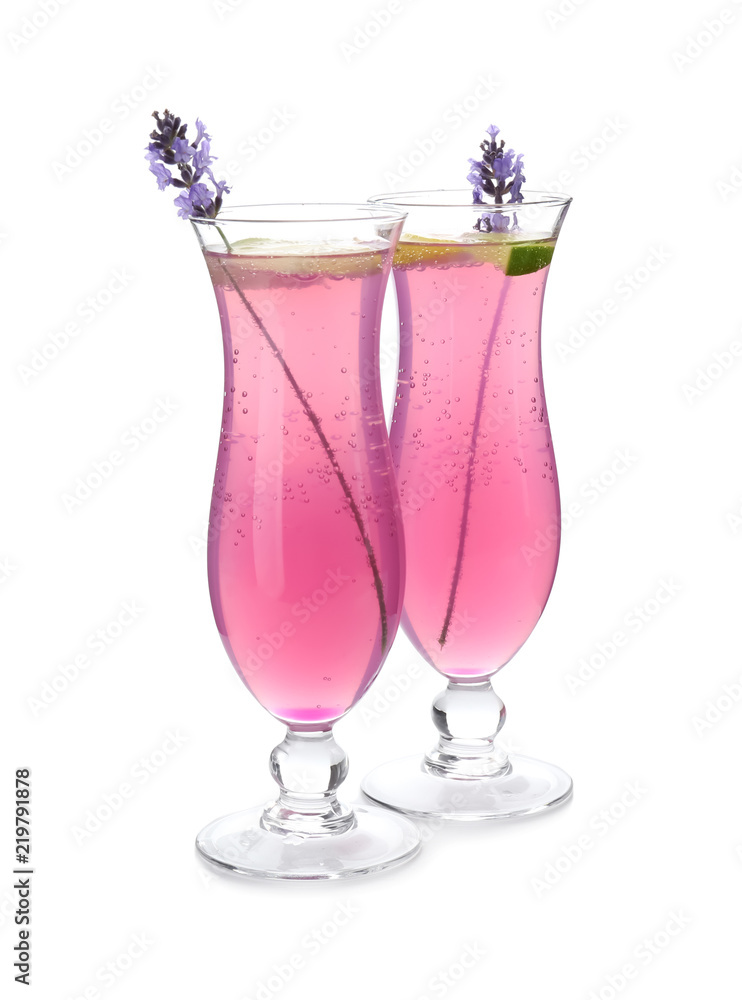 Glasses with fresh lavender lemonade on white background Glasses with fresh lavender lemonade on white background