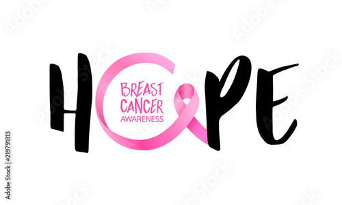 Hope lettering design with Pink ribbon. Breast cancer awareness concept. Vector illustration isolated on white background.