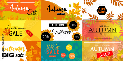 Autumn sale leaves. Halloween and Thanksgiving fall season banner concept set. Flat illustration of 9 autumn sale leaves. Halloween and Thanksgiving fall season vector banners for web