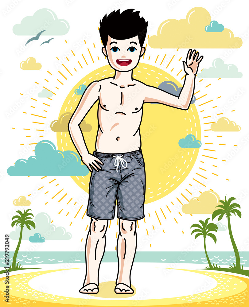 Teen cute little boy standing in colorful stylish beach shorts. Vector attractive kid illustration. Fashion theme clipart.