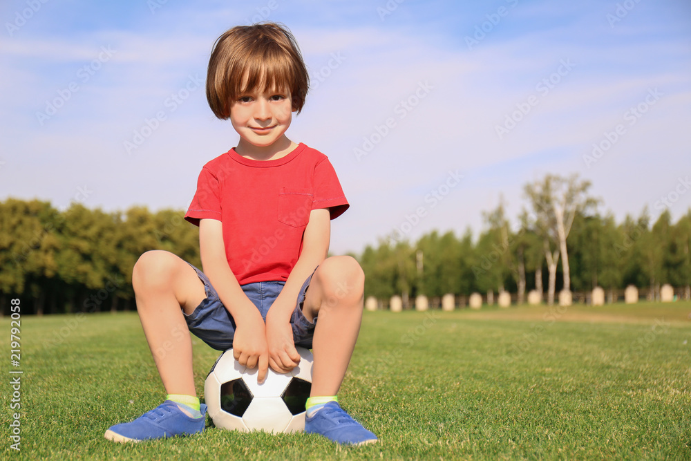 Cute little boy with soccer ball in park on sunny day