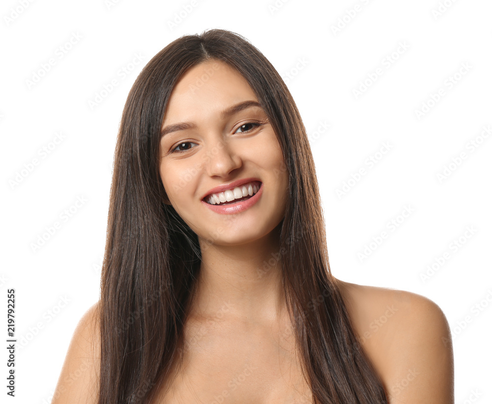 Beautiful young woman with healthy teeth on white background Beautiful young woman with healthy teeth on white background
